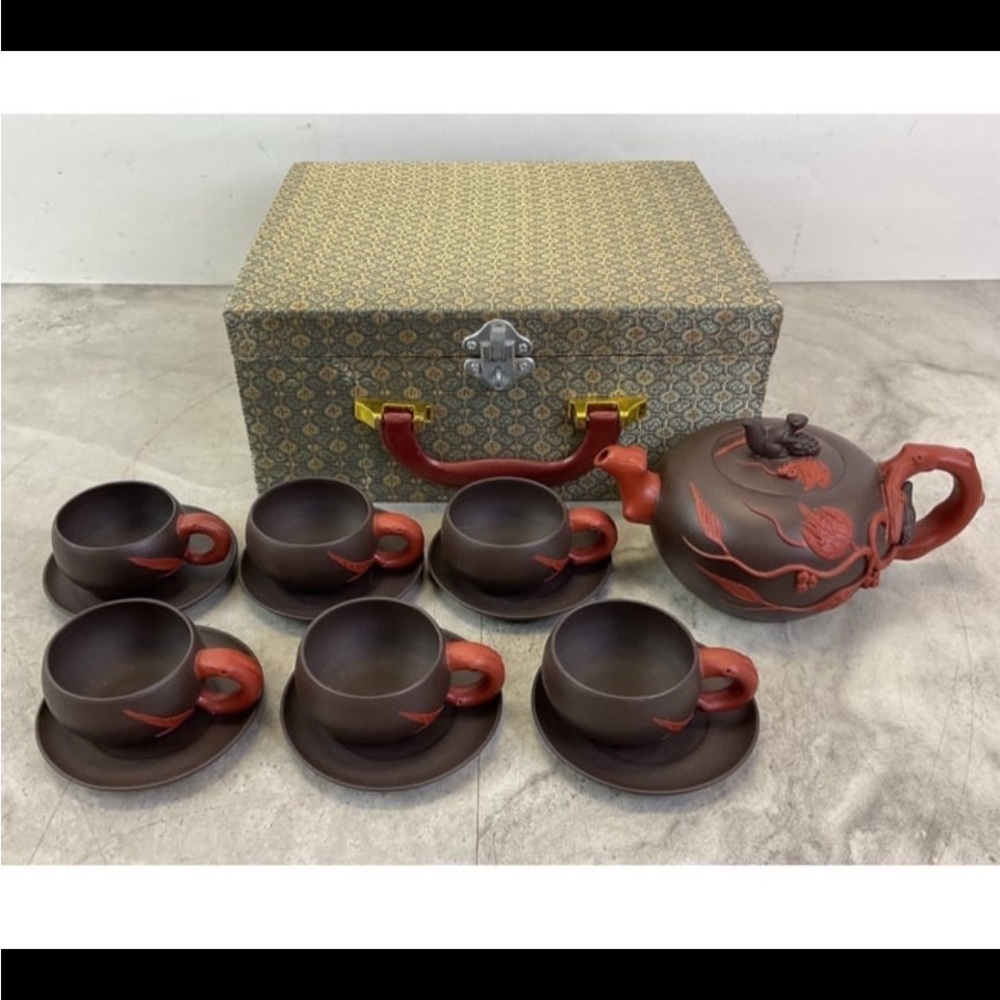 Yixing Purple Clay Tea Set with Case & Certificate of Authenticity.